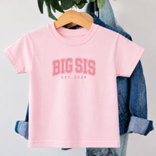 Load image into Gallery viewer, Big Sis Varsity Est 2026 design on pink kids t-shirt
