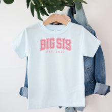 Load image into Gallery viewer, Big Sis Varsity Est 2027 design on light blue kids t-shirt
