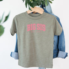 Load image into Gallery viewer, Big Sis Varsity Est 2027 design on sage kids t-shirt
