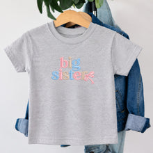 Load image into Gallery viewer, Big Sister Blue Tan Bow design on heather grey kids t-shirt
