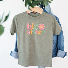 Load image into Gallery viewer, Big Sister Daisy Flower design on sage kids t-shirt
