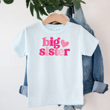 Load image into Gallery viewer, Big Sister Hot Pink Heart design on light blue kids t-shirt
