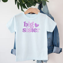 Load image into Gallery viewer, Big Sister Lavender Heart design on light blue kids t-shirt
