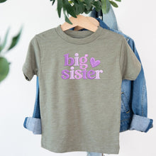 Load image into Gallery viewer, Big Sister Lavender Heart design on sage kids t-shirt

