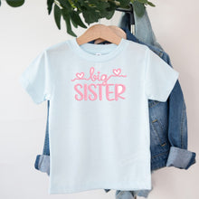 Load image into Gallery viewer, Big Sister Light Pink Heart Script design on light blue kids t-shirt
