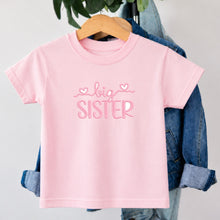 Load image into Gallery viewer, Big Sister Light Pink Heart Script design on pink kids t-shirt
