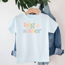 Load image into Gallery viewer, Big Sister Pastel Rainbow Heart design on light blue kids t-shirt
