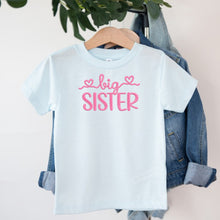 Load image into Gallery viewer, Big Sister Pink Heart Script design on light blue kids t-shirt
