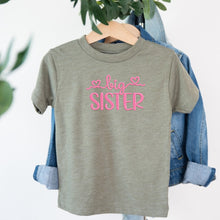 Load image into Gallery viewer, Big Sister Pink Heart Script design on sage kids t-shirt
