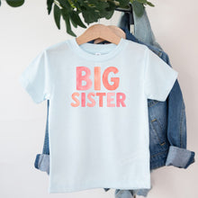 Load image into Gallery viewer, Big Sister Pink Watercolor design on light blue kids t-shirt
