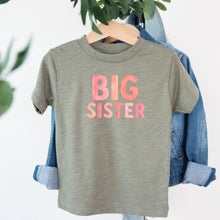 Load image into Gallery viewer, Big Sister Pink Watercolor design on sage kids t-shirt

