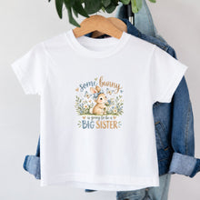 Load image into Gallery viewer, Big Sister Some Bunny Blue design on white kids t-shirt
