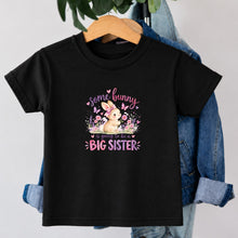 Load image into Gallery viewer, Big Sister Some Bunny Lavender design on black kids t-shirt
