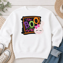 Load image into Gallery viewer, Boo Crew Bunny Ghost Halloween design on White crewneck sweatshirt
