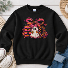 Load image into Gallery viewer, Boo Peace Ghost Pink Bow Halloween design on Black crewneck sweatshirt
