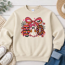 Load image into Gallery viewer, Boo Peace Ghost Pink Bow Halloween design on Sand crewneck sweatshirt
