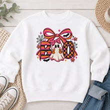 Load image into Gallery viewer, Boo Peace Ghost Pink Bow Halloween design on White crewneck sweatshirt
