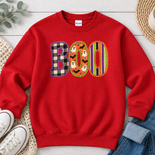 Load image into Gallery viewer, Boo Plaid Stripes Ghosts Halloween design on Red crewneck sweatshirt
