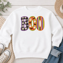 Load image into Gallery viewer, Boo Plaid Stripes Ghosts Halloween design on White crewneck sweatshirt
