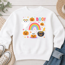 Load image into Gallery viewer, Boo Rainbow Pumpkins Halloween design on White crewneck sweatshirt
