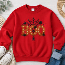 Load image into Gallery viewer, Boo Spider Web Marquee Halloween design on Red crewneck sweatshirt
