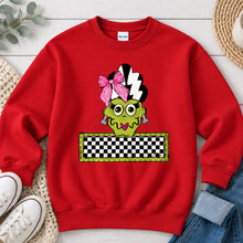 Load image into Gallery viewer, Bride Of Frankenstein Checkered Name Banner Halloween design on Red crewneck sweatshirt
