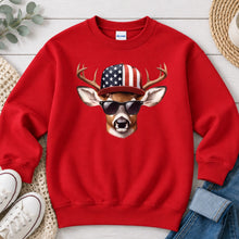 Load image into Gallery viewer, Buck American Flag Hat Hunting design on Red crewneck sweatshirt
