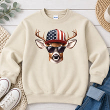 Load image into Gallery viewer, Buck American Flag Hat Hunting design on Sand crewneck sweatshirt
