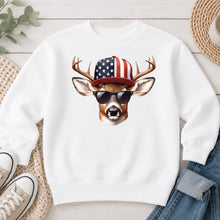 Load image into Gallery viewer, Buck American Flag Hat Hunting design on White crewneck sweatshirt
