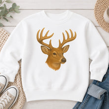 Load image into Gallery viewer, Buck Head Hunting design on White crewneck sweatshirt
