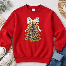 Load image into Gallery viewer, Camo Christmas Tree Christmas design on Red crewneck sweatshirt
