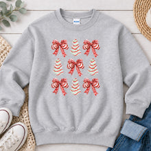 Load image into Gallery viewer, Candy Cane Coquette Tree Cakes Christmas design on Ash Grey crewneck sweatshirt
