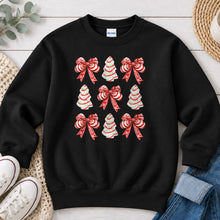 Load image into Gallery viewer, Candy Cane Coquette Tree Cakes Christmas design on Black crewneck sweatshirt
