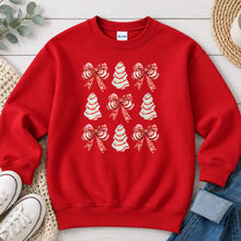 Load image into Gallery viewer, Candy Cane Coquette Tree Cakes Christmas design on Red crewneck sweatshirt

