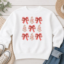 Load image into Gallery viewer, Candy Cane Coquette Tree Cakes Christmas design on White crewneck sweatshirt
