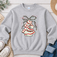 Load image into Gallery viewer, Checkered Christmas Tree Cake Bow Christmas design on Ash Grey crewneck sweatshirt
