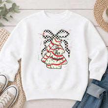Load image into Gallery viewer, Checkered Christmas Tree Cake Bow Christmas design on White crewneck sweatshirt
