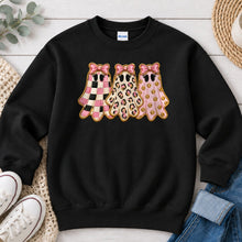 Load image into Gallery viewer, Checkered Leopard Pink Ghosts Halloween design on Black crewneck sweatshirt
