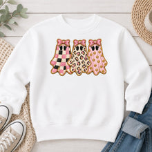Load image into Gallery viewer, Checkered Leopard Pink Ghosts Halloween design on White crewneck sweatshirt
