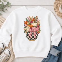 Load image into Gallery viewer, Checkered Pumpkin Bouquet Fall design on White crewneck sweatshirt
