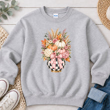 Load image into Gallery viewer, Checkered Pumpkin Floral Vase Fall design on Ash Grey crewneck sweatshirt
