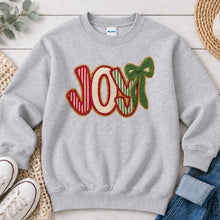Load image into Gallery viewer, Chenille JOY Christmas design on Ash Grey crewneck sweatshirt
