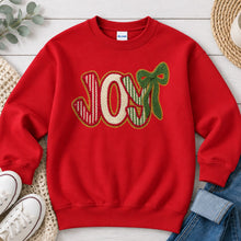 Load image into Gallery viewer, Chenille JOY Christmas design on Red crewneck sweatshirt
