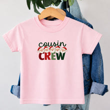 Load image into Gallery viewer, Christmas Cousin Crew Santa design on pink kids t-shirt
