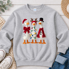 Load image into Gallery viewer, Christmas Geese Trio Christmas design on Ash Grey crewneck sweatshirt
