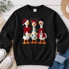 Load image into Gallery viewer, Christmas Geese Trio Christmas design on Black crewneck sweatshirt
