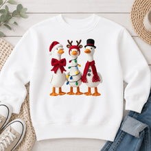 Load image into Gallery viewer, Christmas Geese Trio Christmas design on White crewneck sweatshirt
