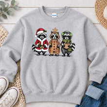 Load image into Gallery viewer, Christmas Raccoons Christmas design on Ash Grey crewneck sweatshirt
