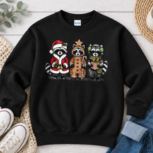 Load image into Gallery viewer, Christmas Raccoons Christmas design on Black crewneck sweatshirt
