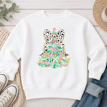 Load image into Gallery viewer, Christmas Tree Leopard Bow Christmas design on White crewneck sweatshirt
